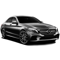Berline Mercedes noire vue de trois quarts avant.