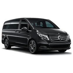 Van Mercedes noir vu de trois quarts avant.